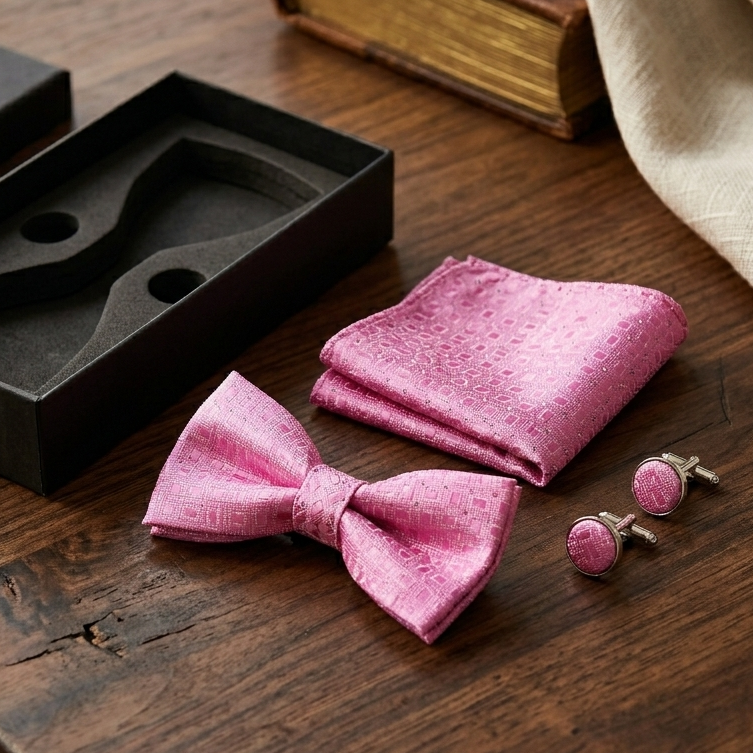 Blush Pink Diamond Pattern Bow Tie Set