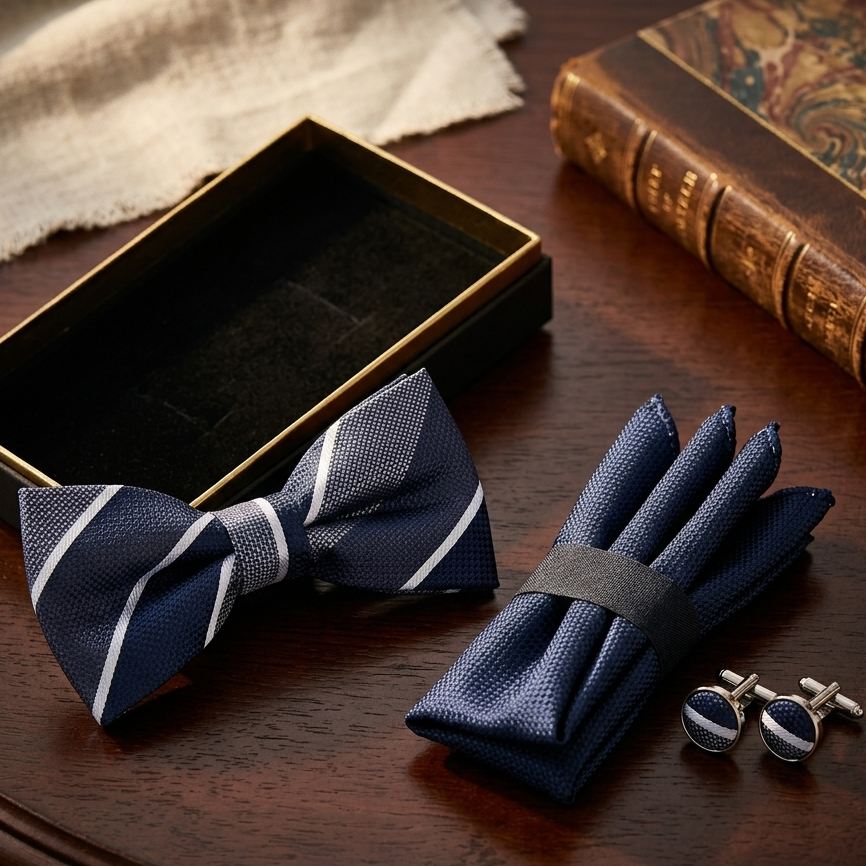 Navy Silver Classic Stripe Bow Tie Se