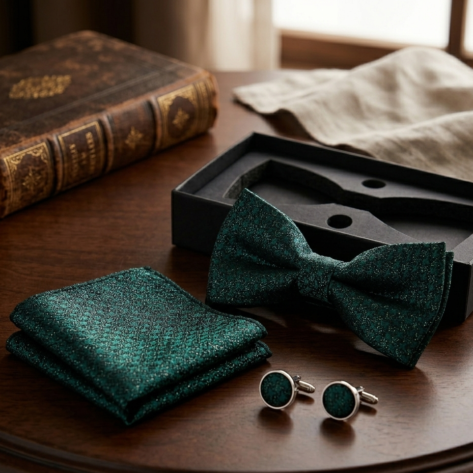 Emerald Teal Textured Bow Tie Set