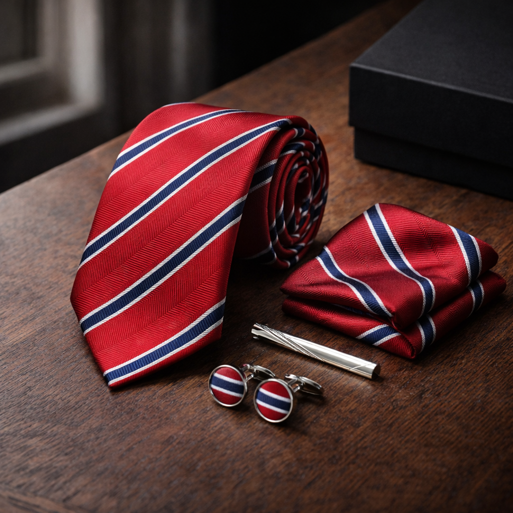 Red & Navy Striped Tie Set