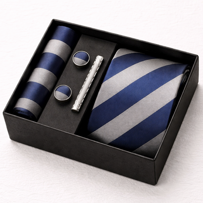 Navy Silver Striped Tie Set