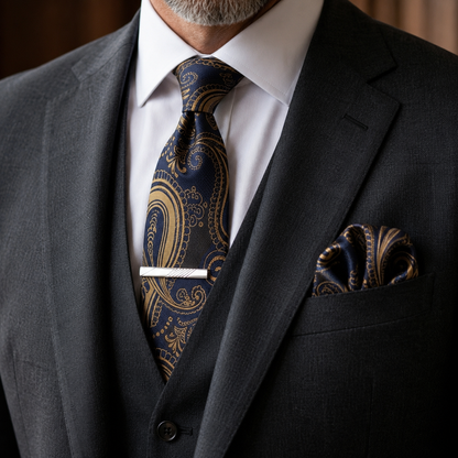 Golden Crest Navy Paisley Tie Set