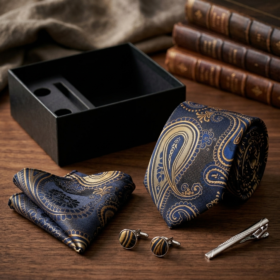 Golden Crest Navy Paisley Tie Set
