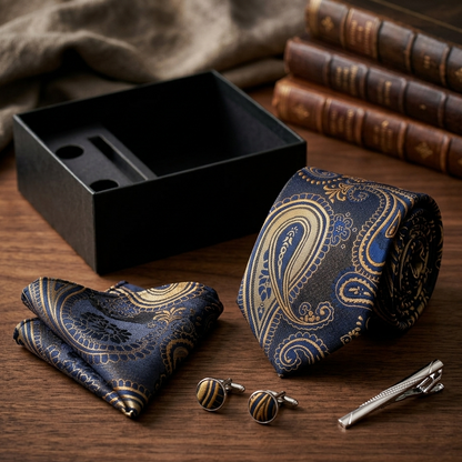 Golden Crest Navy Paisley Tie Set