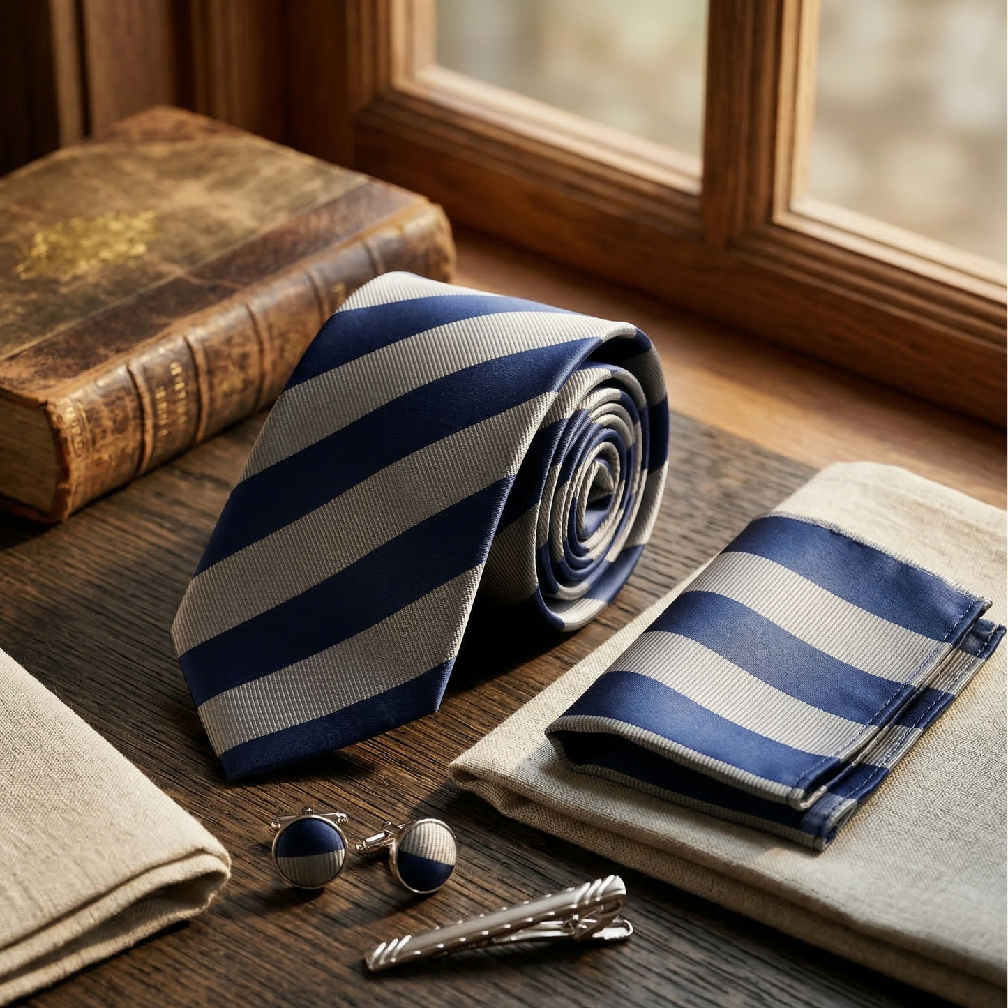 Navy Silver Striped Tie Set