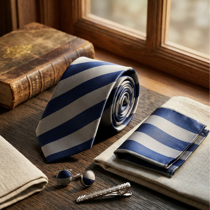 Navy Silver Striped Tie Set