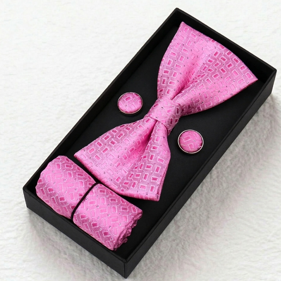 Blush Pink Diamond Pattern Bow Tie Set