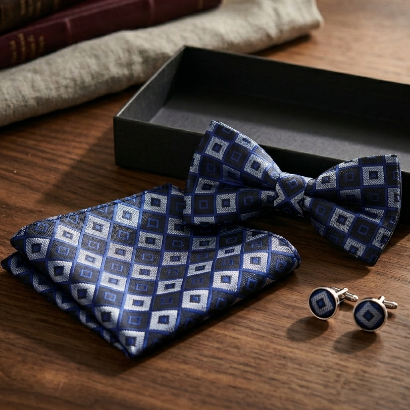Royal Blue Silver Diamond Bow Tie Set