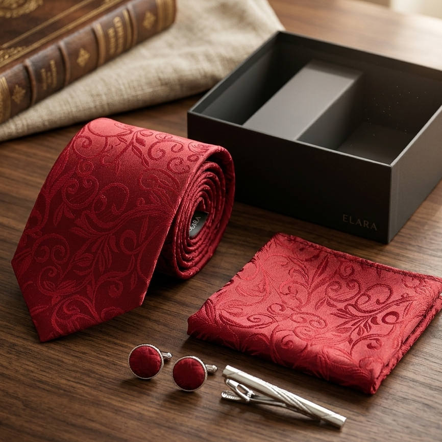 Crimson Red Paisley Tie Set