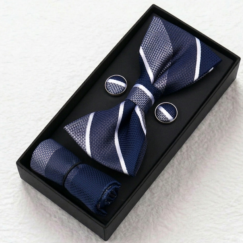 Navy Silver Classic Stripe Bow Tie Se