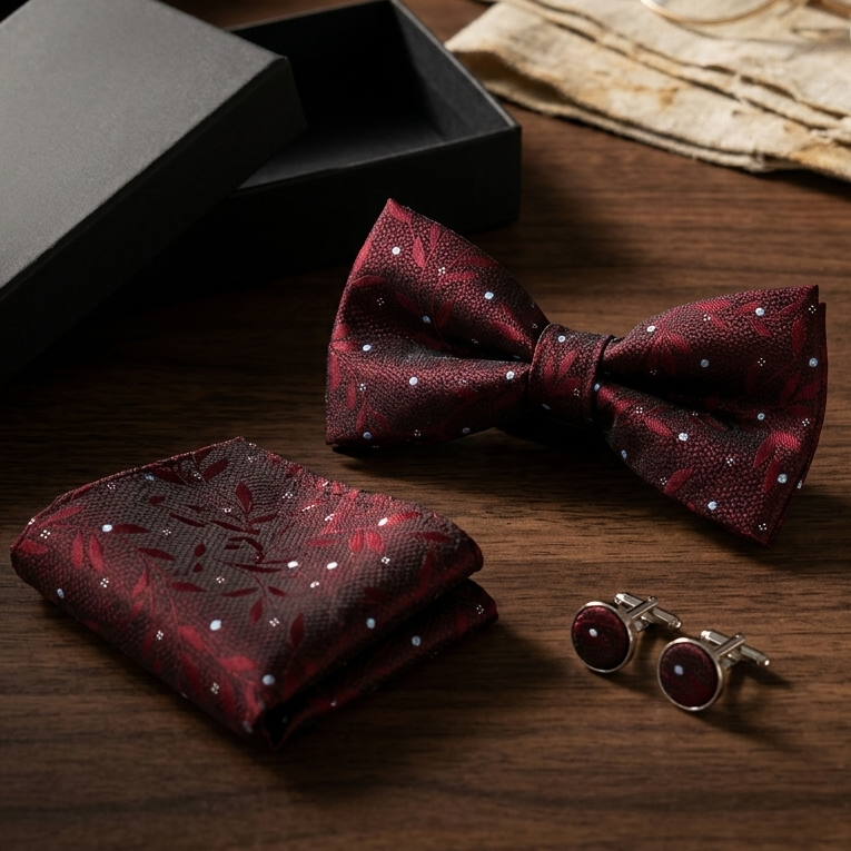 Crimson Noir Floral Bow Tie Set