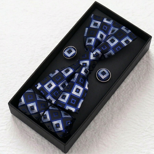 Royal Blue Silver Diamond Bow Tie Set