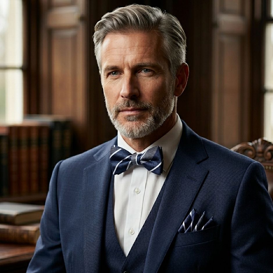 Navy Silver Classic Stripe Bow Tie Se