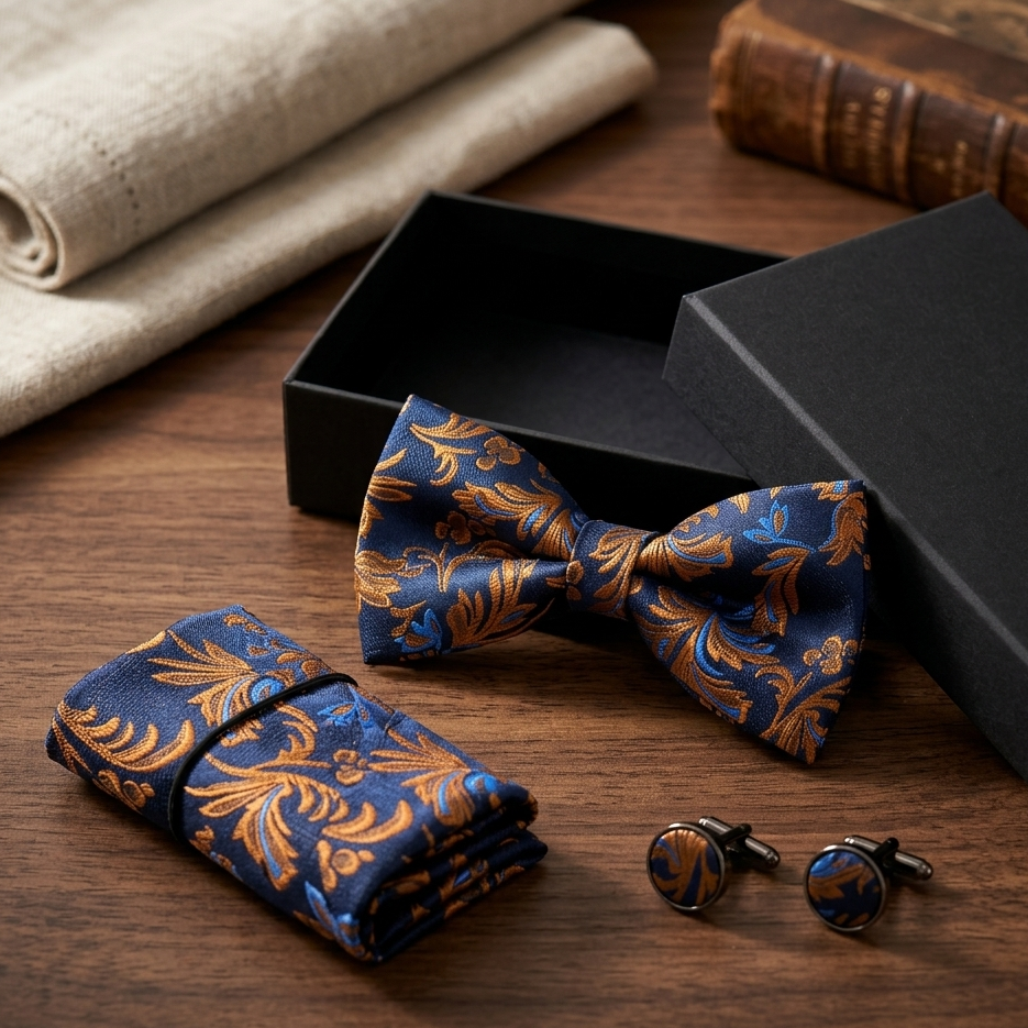 Navy Ember Gold Paisley Bow Tie Set