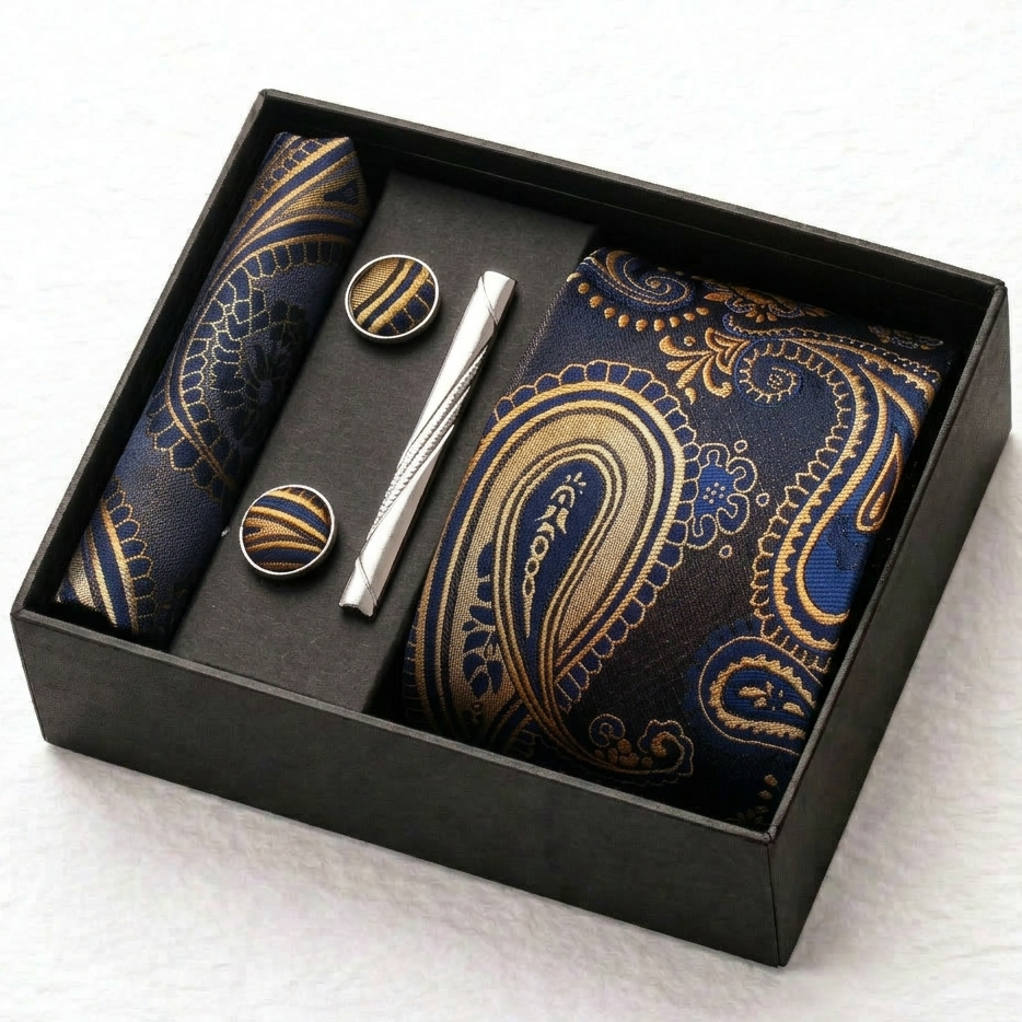Golden Crest Navy Paisley Tie Set