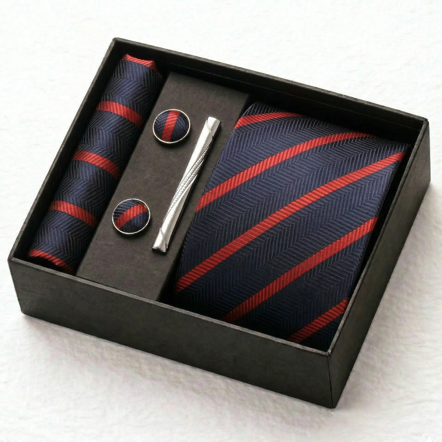 Navy Red Striped Tie Set