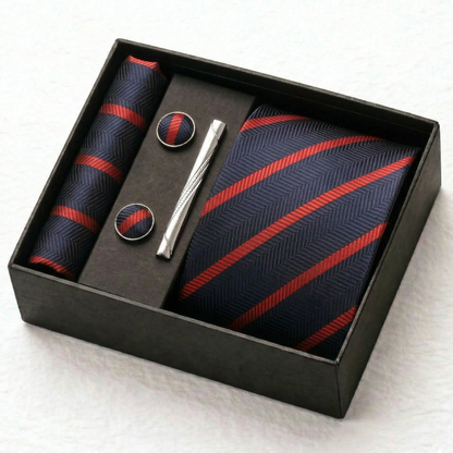 Navy Red Striped Tie Set