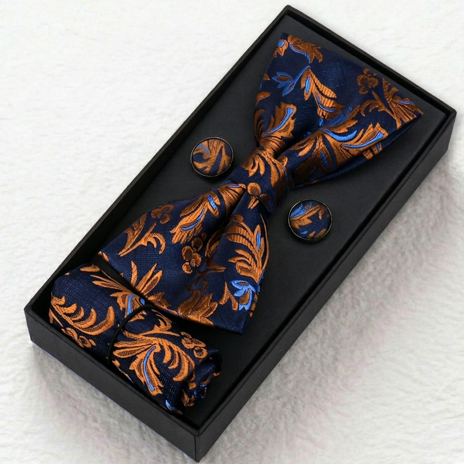 Navy Ember Gold Paisley Bow Tie Set