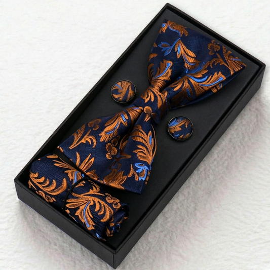 Navy Ember Gold Paisley Bow Tie Set