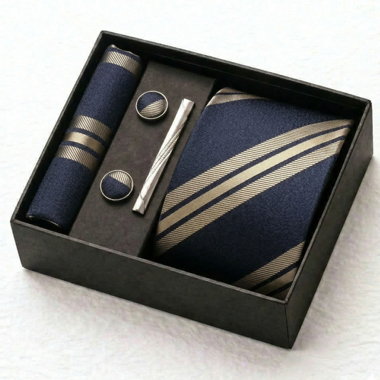 Navy Gold Striped Tie Set