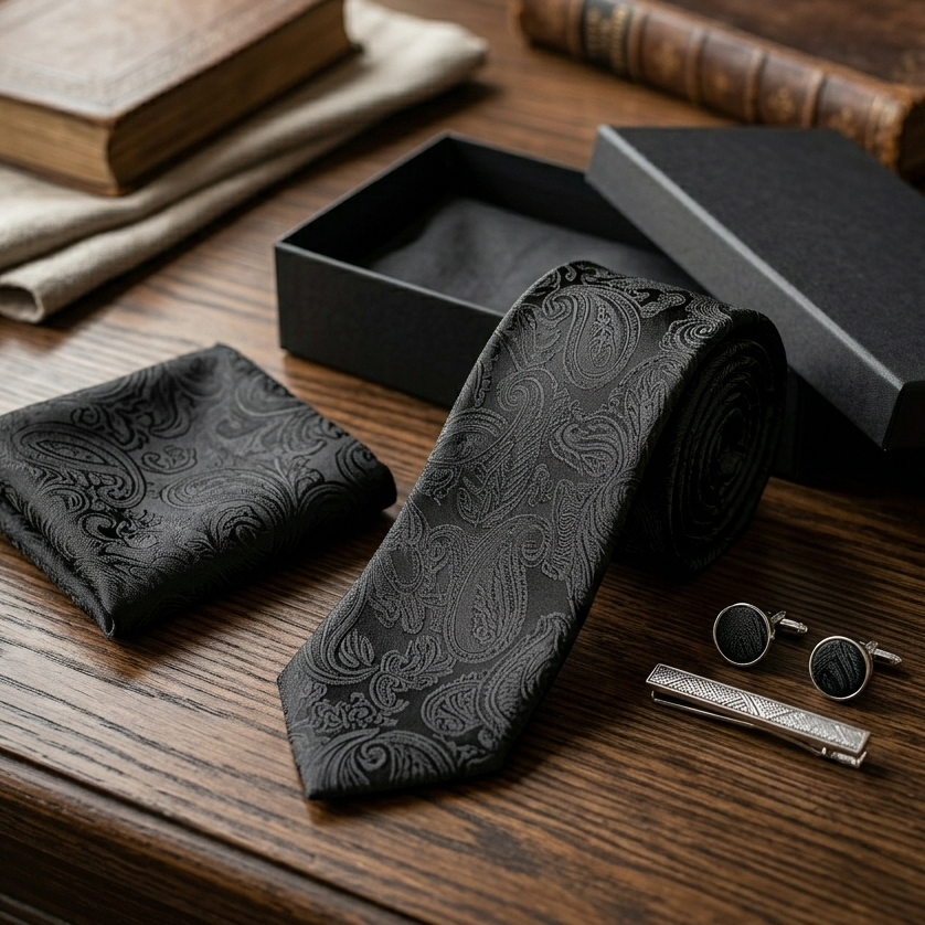 Obsidian Black Paisley Tie Set