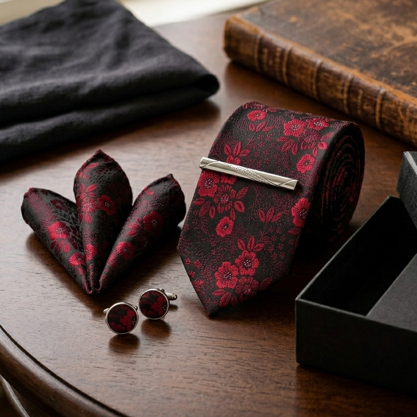 Midnight Crimson Floral Tie Set
