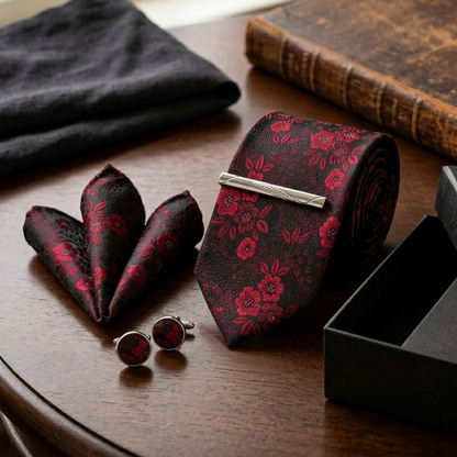 Midnight Crimson Floral Tie Set
