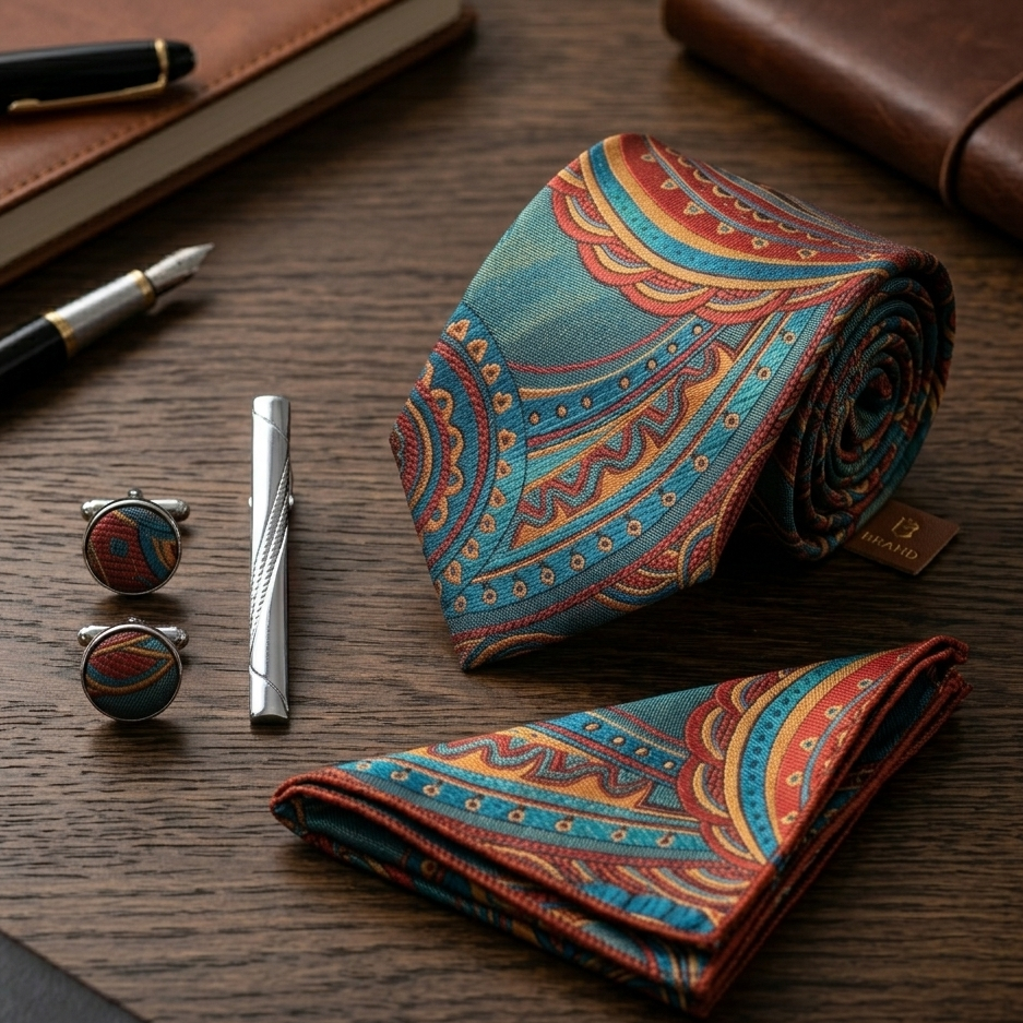 Teal Burnt Orange Paisley Tie Set