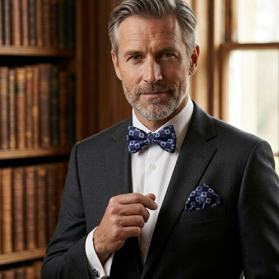 Royal Blue Silver Diamond Bow Tie Set