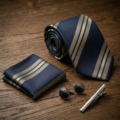Navy Gold Striped Tie Set