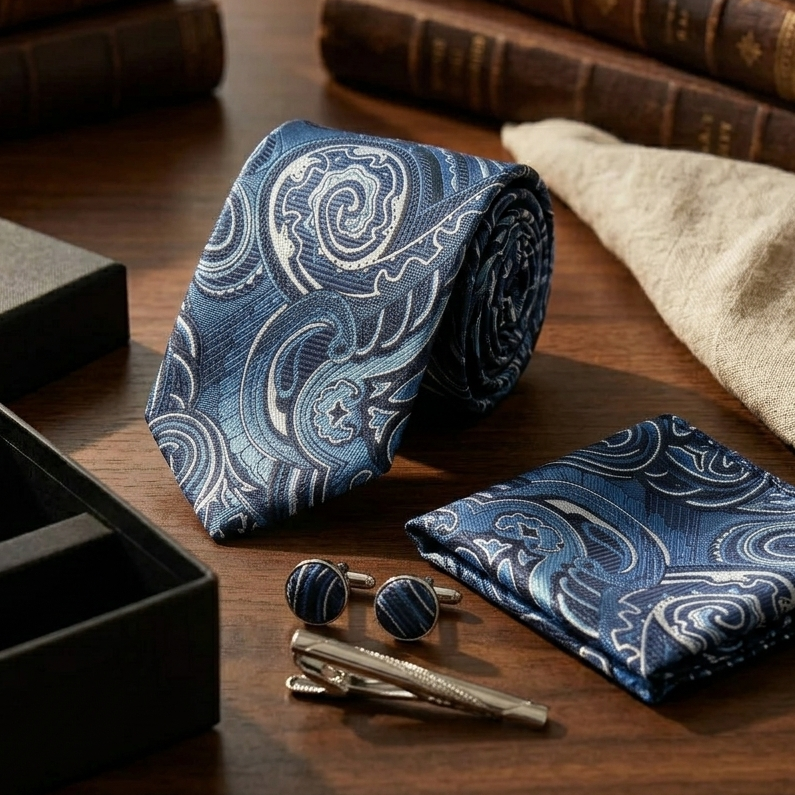 Navy Azure Paisley Tie Set